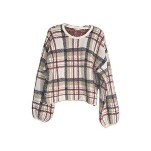 Altar’d State. Cozy Plaid Knit Sweater Cream Tan Red Black Balloon Sleeve. HL226